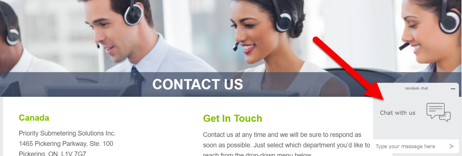 contact us web page with live chat icon